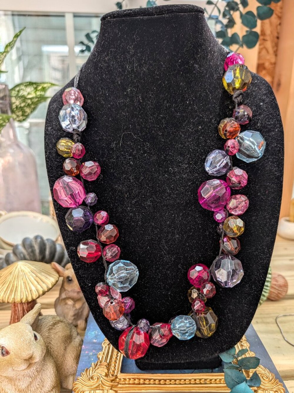 Vintage Fun Chunky Gem Tone Beaded Necklace on Black Ribbon